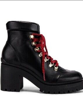 Raye Black Leather Platform Lug-Heel Ankle Boot with Red Laces